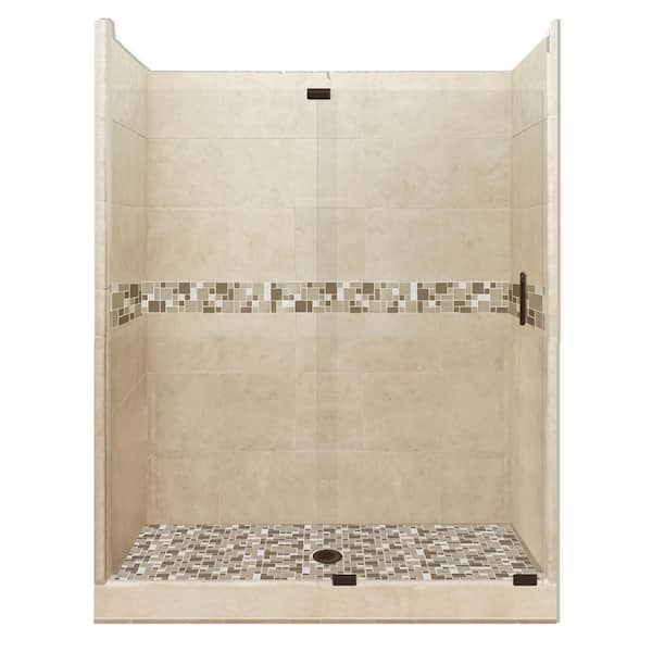 American Bath Factory Tuscany Grand Slider 42 in. x 60 in. x 80 in. Center Drain Alcove Shower Kit in Brown Sugar and Old Bronze Hardware