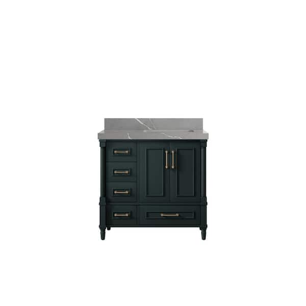 Willow Collections Hudson 36 in. W x 22 in. D x 36 in. H Right Offset Sink Bath Vanity in Dark Green with 2 in. Piatra Gray Quartz Top