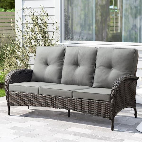 Pocassy 3 Seat Wicker Outdoor Patio Sofa Couch with Deep Seating and Cushions