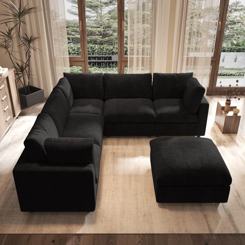 100.5 in. Oversized 6-Piece Chenille Modular Sectional Sofa Flexible Layout with Ottomans and Removable Covers in Black