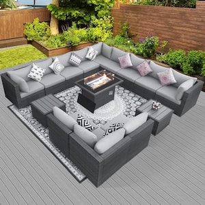 15-Piece Large Size Gray Wicker Patio Conversation Sofa Set with Light Gray Cushions Fire Pit Table and Coffee Tables