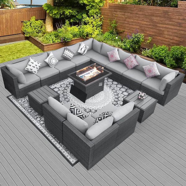 FINCATI 15-Piece Large Size Gray Wicker Patio Conversation Sofa Set with Light Gray Cushions Fire Pit Table and Coffee Tables