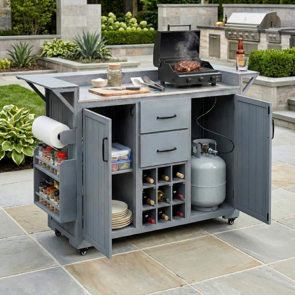 "60.2""W Outdoor Kitchen Island, Patio Grill Cart with Wheels and Stainless Steel Top, Spice Rack&Wine Rack, Brown" price history on PriceWatchPro