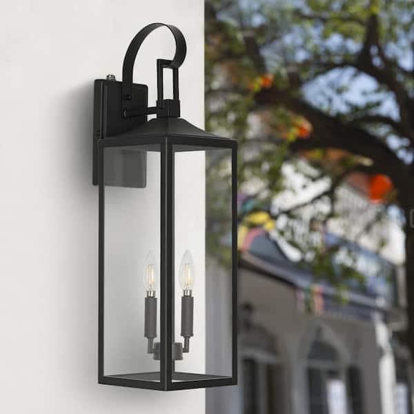 Hukoro Castle 2-Light 25 in. Matte Black Outdoor Wall Lantern Sconce with Dusk to Dawn Sensor