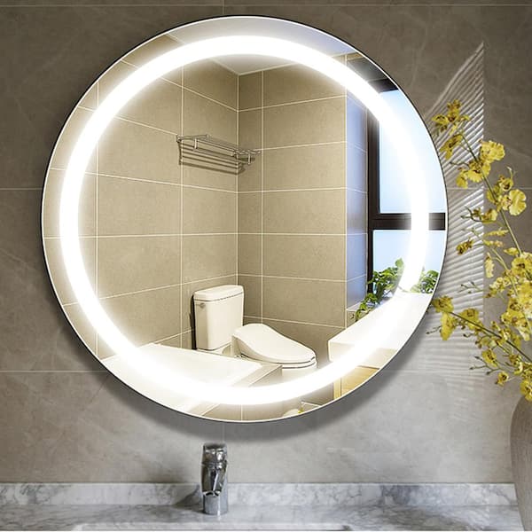 24 Inch Round LED Lighted Bathroom Vanity Mirror with Shelf, Touch