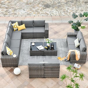Tahoe Grey 12-Piece Wicker Wide Arm Outdoor Patio Conversation Sofa Seating Set with Grey Cushions