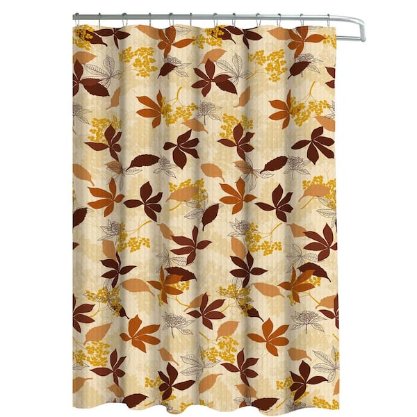 Creative Home Ideas Oxford Weave Textured 70 in. W x 72 in. L Shower Curtain with Metal Roller Hooks in Blowing Leaves Chocolate