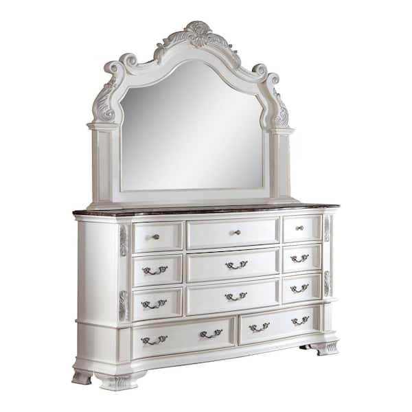 Florince 2-Piece Pearl White 11-Drawer 68 in. Wide Dresser with Mirror and Genuine Marble Top