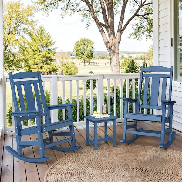 All Weather Resistant Recycled HIPS Plastic Porch Patio Outdoor Rocking Chair For Outdoor Indoor in Blue(Set of 2)
