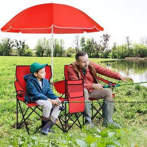 Red Portable Folding Picnic Double Chair with Umbrella for Beach Patio Pool Park Outdoor Portable Camping Chair