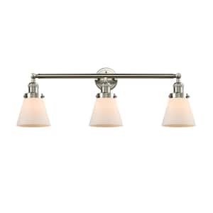 Cone 30 in. 3-Light Brushed Satin Nickel Vanity Light with Matte White Glass Shade