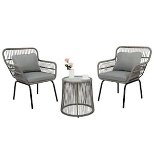 Gray 3-Piece Wicker Outdoor Bistro Set with Gray Cushions Glass Table Top