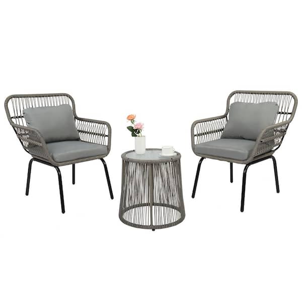 VINGLI Gray 3-Piece Wicker Outdoor Bistro Set with Gray Cushions Glass Table Top