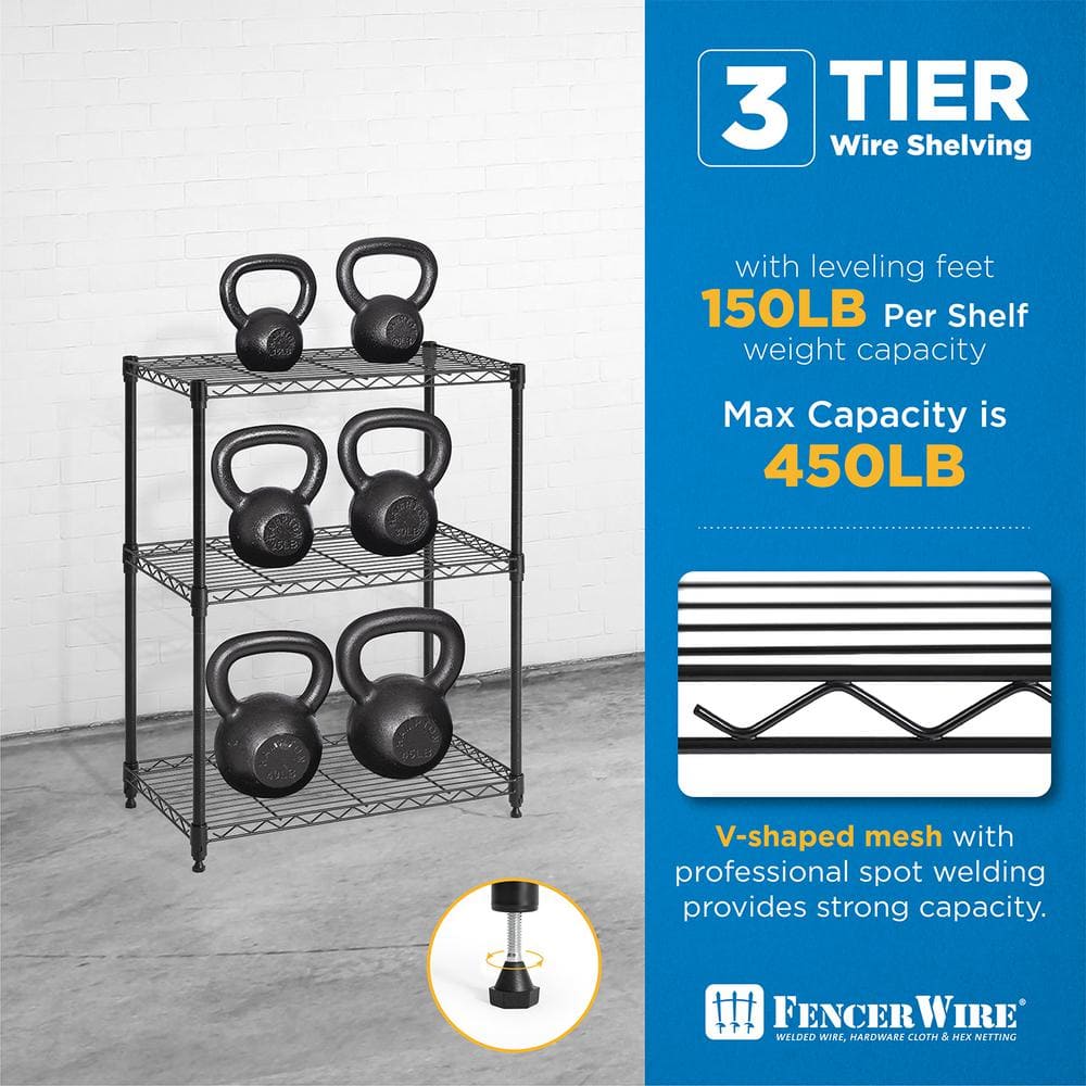 Black 3-Tier Adjustable Height Steel Wire Shelving Unit
