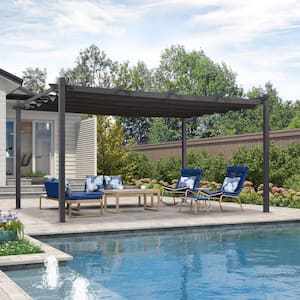 12 ft. x 16 ft. Gray Aluminum Frame Outdoor Patio Pergola with Gray Retractable Sun Shade Canopy for Porch Garden Beach