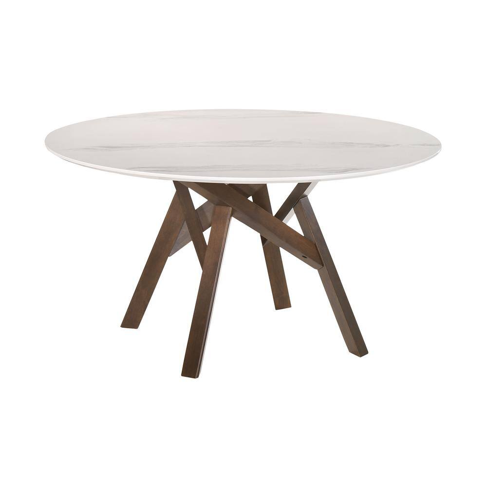 Venus 54 in. White Marble Mid-Century Modern Round Dining Table with Walnut