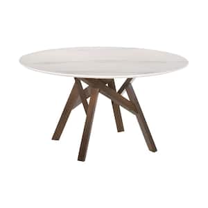 Venus 54 in. White Marble Mid-Century Modern Round Dining Table with Walnut Wood Legs
