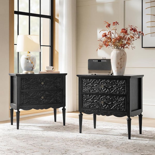 Pascal Black 2 Drawers 28 in. W Nightstand (Set of 2) with Solid Wood Legs
