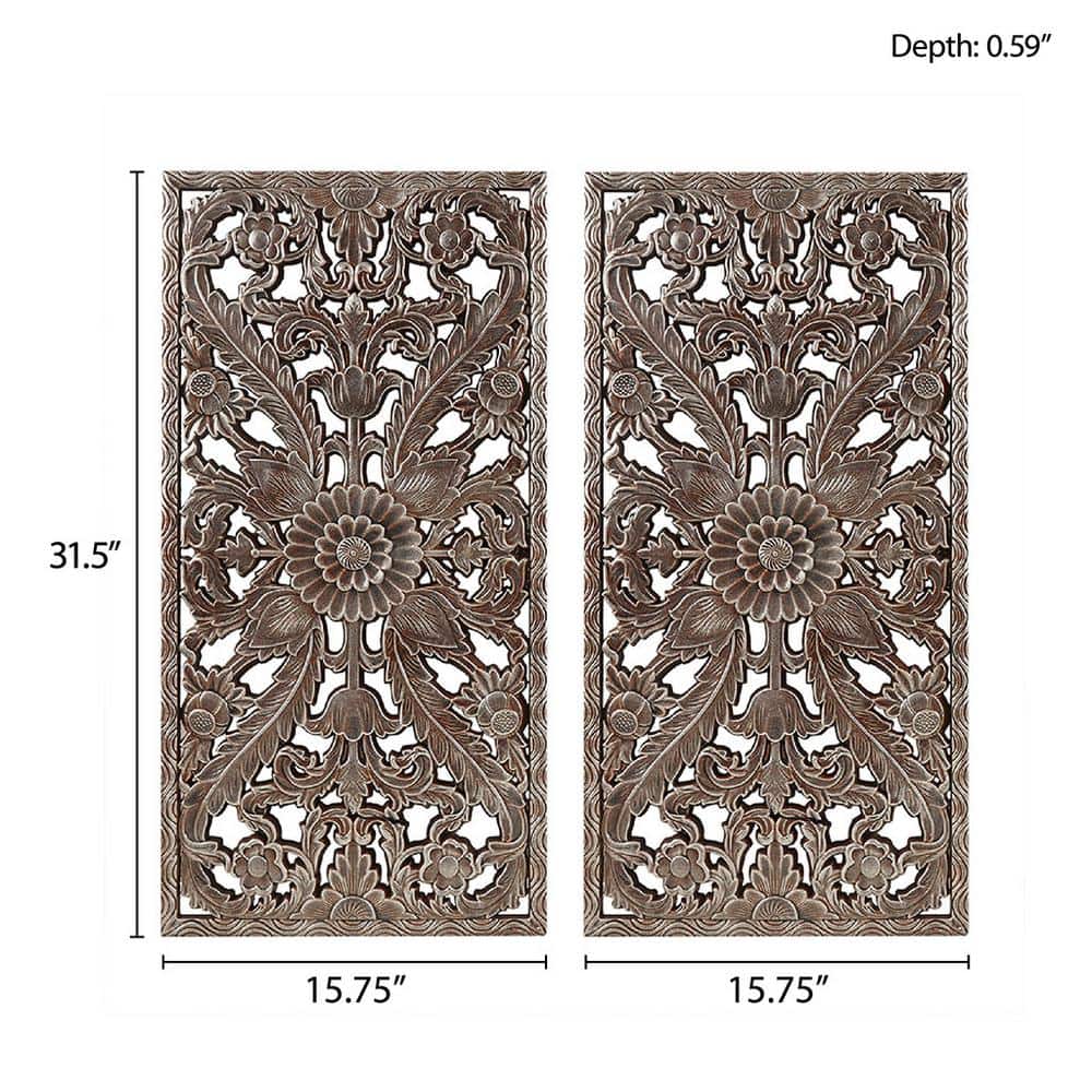Bronze and Silver Botanical Carved Wood Wall Decor Set, 2-Piece