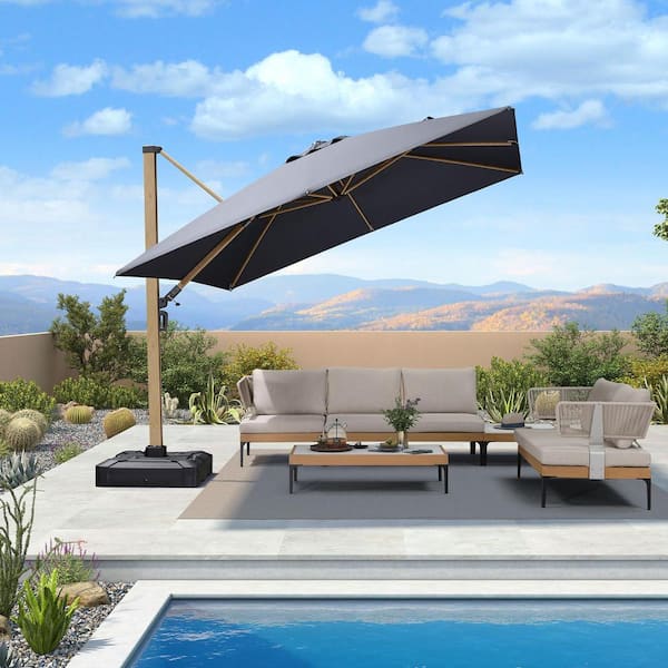 PURPLE LEAF 10 ft. Square Outdoor Patio Cantilever Umbrella Teak Finished Offset 360° Rotation Umbrella in Gray