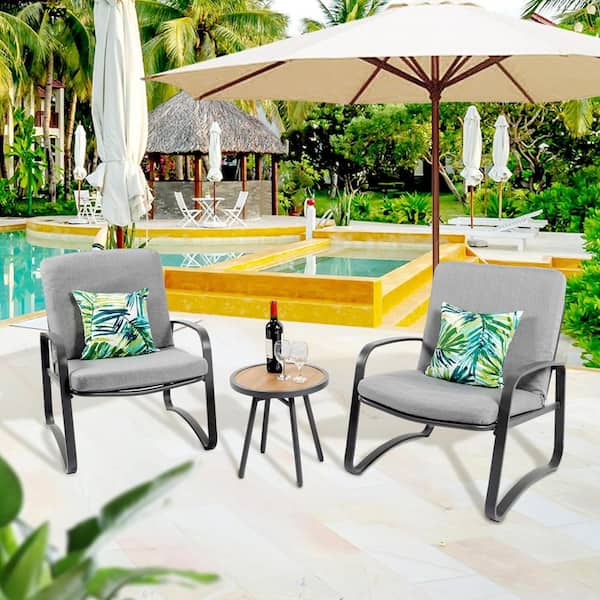 3-Piece Metal Rattan Patio Outdoor Bistro Set with Grey Cushions, Porch Chairs and Tempered Glass Table Coffee Table