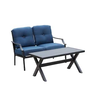 1-Piece Metal Outdoor Loveseat with Blue Cushions
