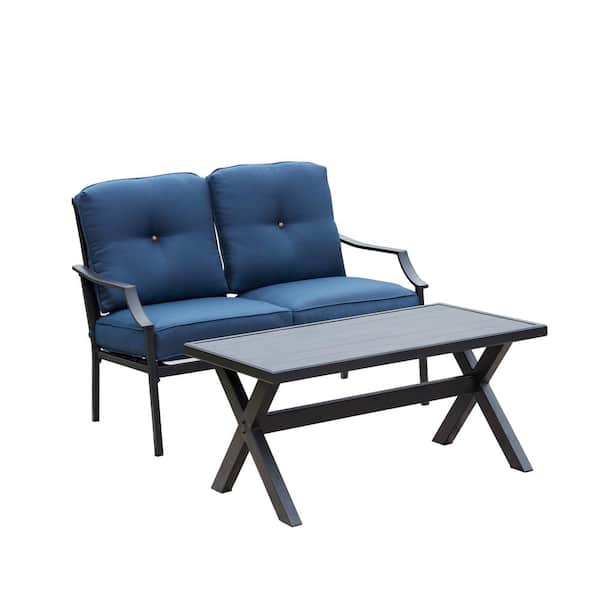 TOP HOME SPACE 2-Piece Metal Patio Conversation Set with Blue Cushions