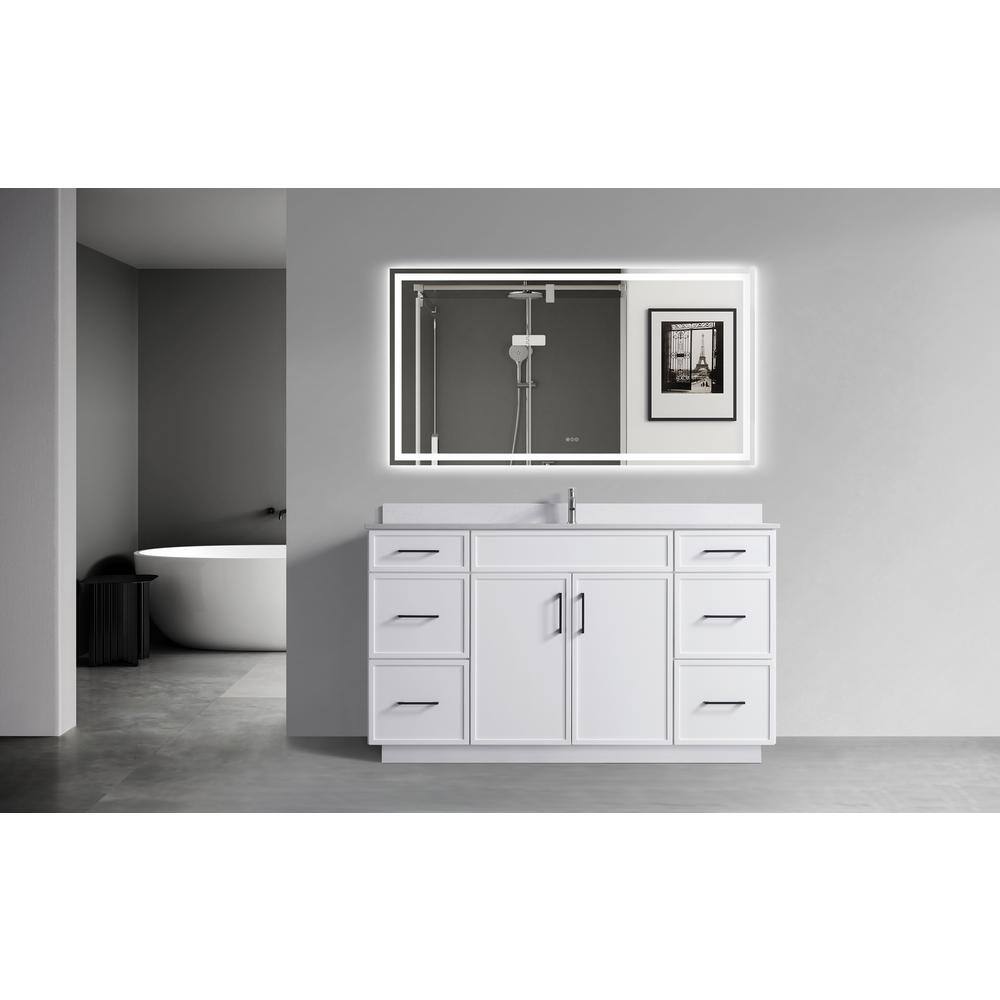 60" White Plywood Single Sink Freestanding Vanity with Cultured Marble Top