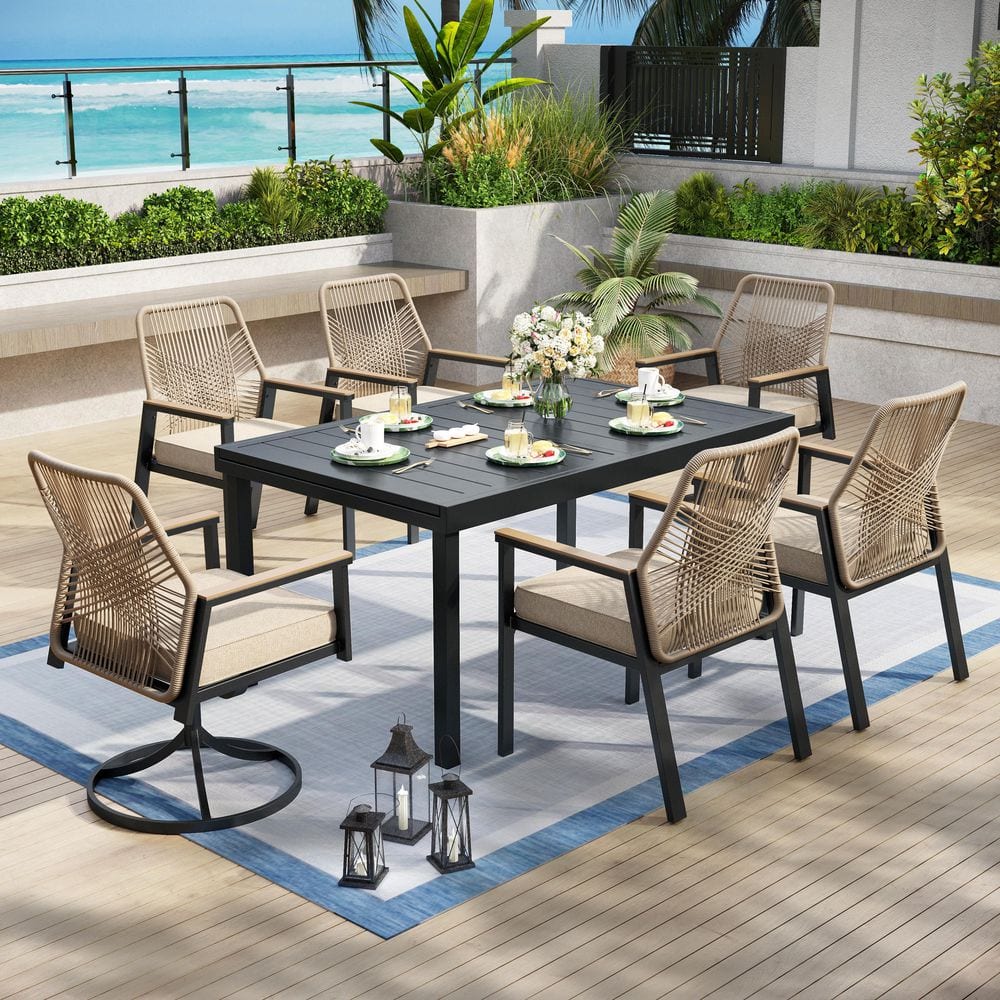7-Piece Black Metal Patio Outdoor Dining Set with Expandable Rectangle Table and Woven Rope Chair with Beige Cushions price history on PriceWatchPro