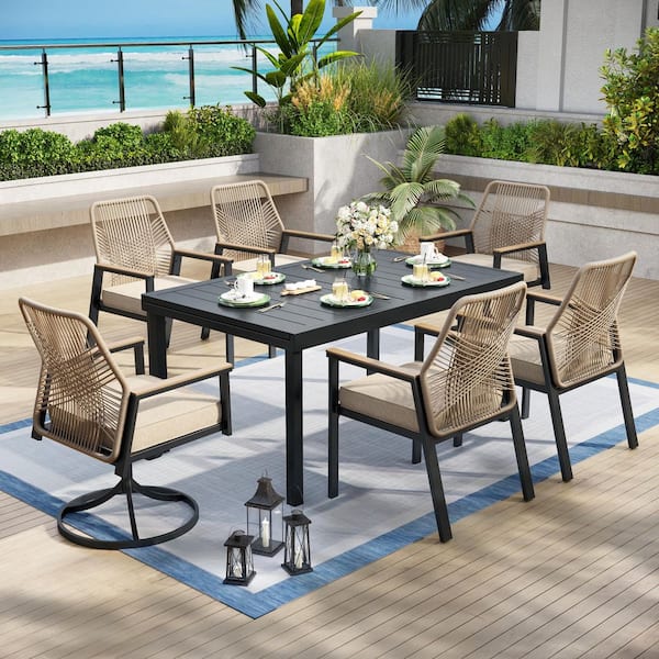PHI VILLA 7-Piece Black Metal Patio Outdoor Dining Set with Expandable Rectangle Table and Woven Rope Chair with Beige Cushions