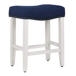Jameson 24 in Counter Height Antique White Wood Backless Nailhead Barstool, Upholstered Navy Blue Linen Saddle Seat
