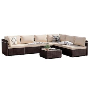7-Piece Wicker Patio Conversation Sofa Set with Beige Cushions and Coffee Table
