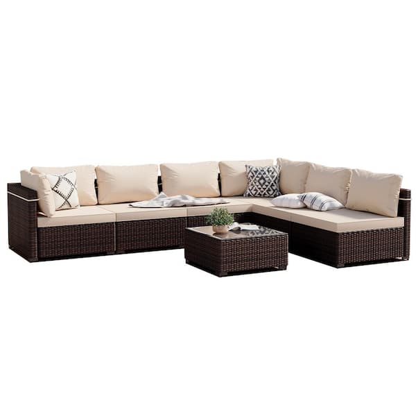 PATIOGUARDER 7-Piece Wicker Patio Conversation Sofa Set with Beige ...