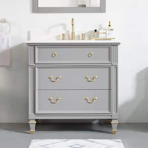 36 in. Gray Solid Wood Bath Vanity with Carrara White Quartz Top, Single Sink, Soft-Close Drawers, Assembled