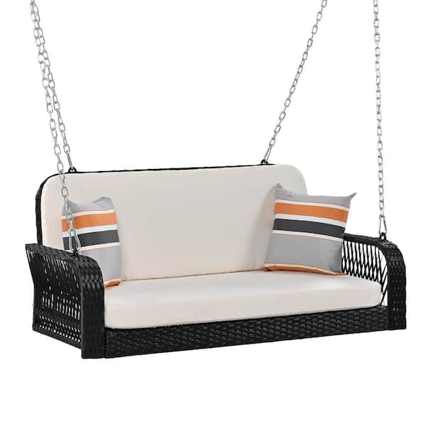 Anky 48.81 in. 2-Person Patio Black Wicker Porch Swing Hanging Rattan Bench Chair for Garden with Beige Cushions