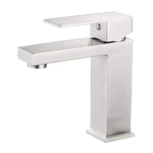 Square Single Handle Single Hole Bathroom Faucet in Brushed Nickel