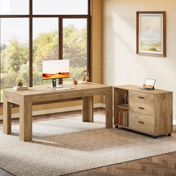 BYBLIGHT Capen 63 in. Brown Wood Executive Desk with Movable File