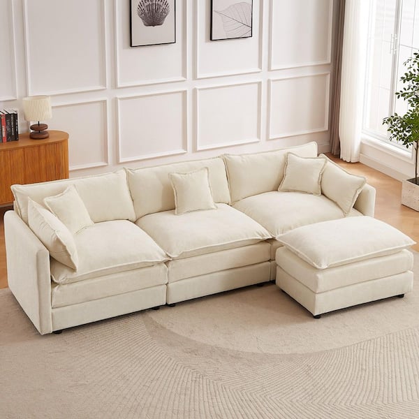 112.2 in. Square Arm L-Shaped Chenille Deluxe Pillow-Styled Modular Sectional Sofa in. Beige with 1 Ottoman