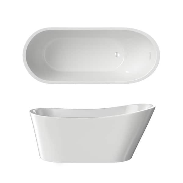 67in. L x 30in. W Freestanding Slipper Soaking Bathtub with Chrome Overflow & Pop-Up Drain, cUPC Certified, Glossy White