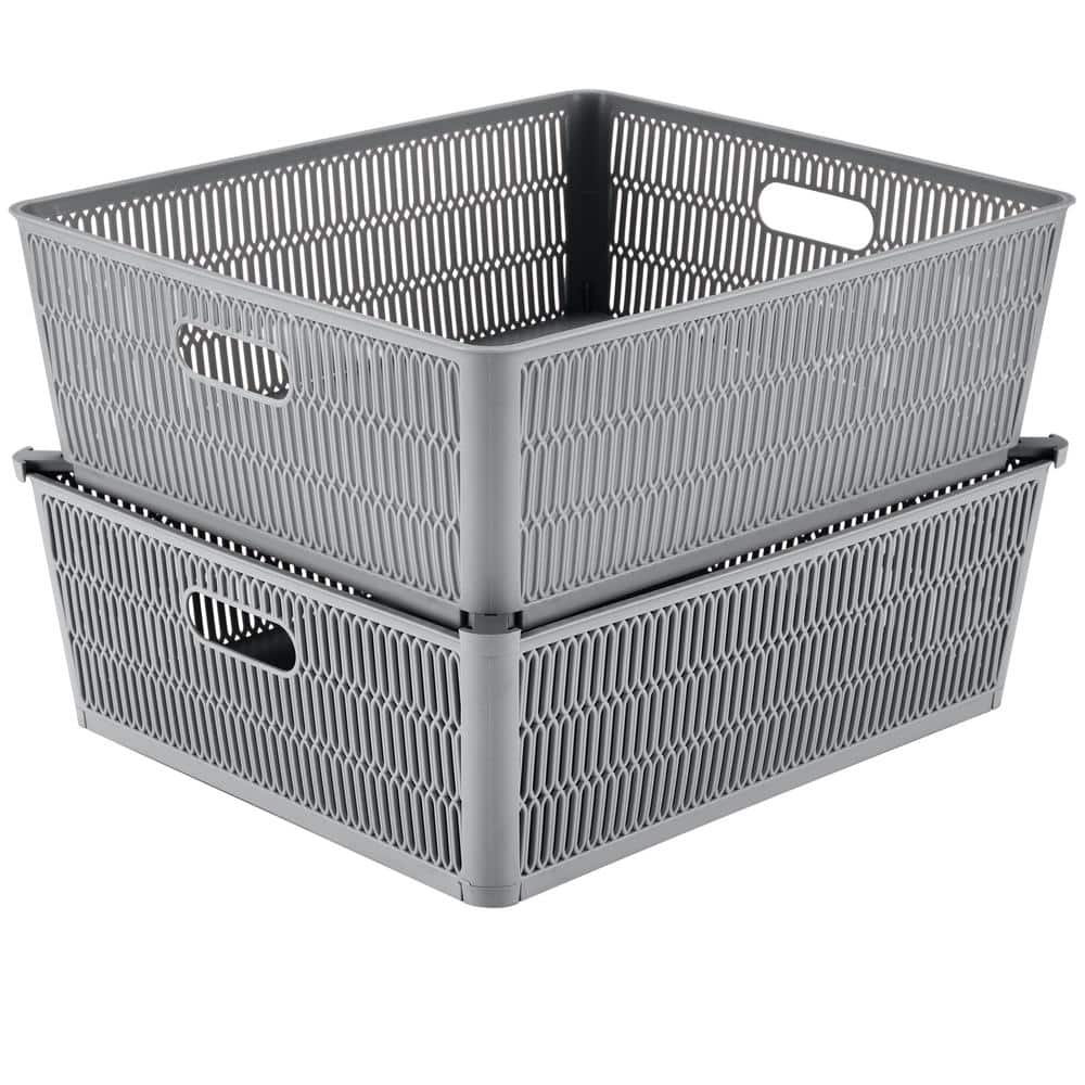 Simplify 15 in. L x 13 in. W x 5 in. H 2 Pack Slide 2 Stack It Shallow  Storage Tote Baskets Closet Drawer Organizer in Grey 25933-GREY