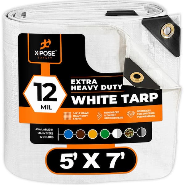 XPOSE SAFETY Heavy Duty White Poly Tarp 5 ft. x 7 ft. Multipurpose Protective Cover Durable Extra Thick 12 Mil Polyethylene