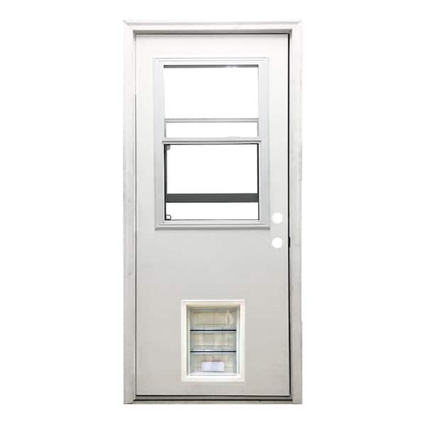 Steves & Sons 32 in. x 80 in. Reliant Series Clear Vented Half Lite LHIS White Primed Fiberglass Prehung Front Door with XL Pet Door