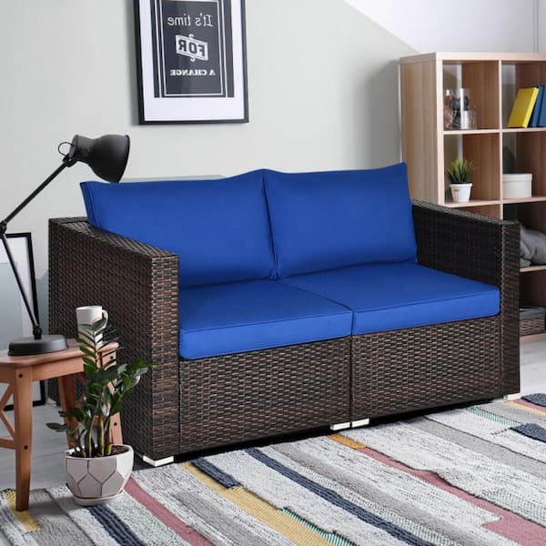 2-Piece Wicker Outdoor Loveseat with Navy Cushions