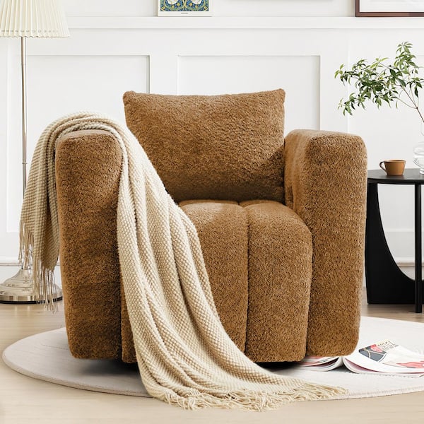 Brown 360° Swivel Accent Chair Upholstered Fabric Large Comfy Reading Chair with Overstuffed Backrest
