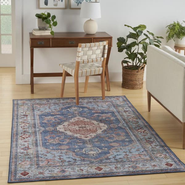 8 ft. x 10 ft. Ivory Red and Blue Floral Distressed Non Skid Area Rug