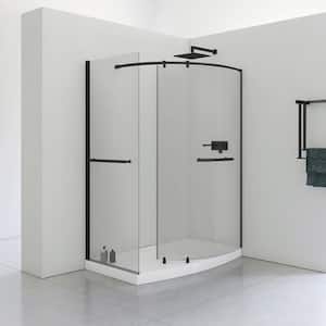 Odera 34 in. L x 60 in. W x 79.25 in. H Corner Shower Kit, Fixed Framed Shower Pivot Door, Corner Drain Shower Pan