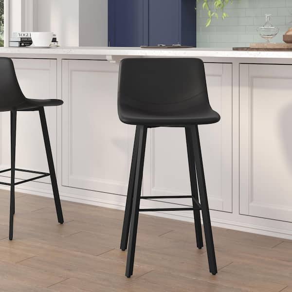 29 in. Black LeatherSoft/Black Low Iron Bar Stool with Leather/Faux Leather Seat