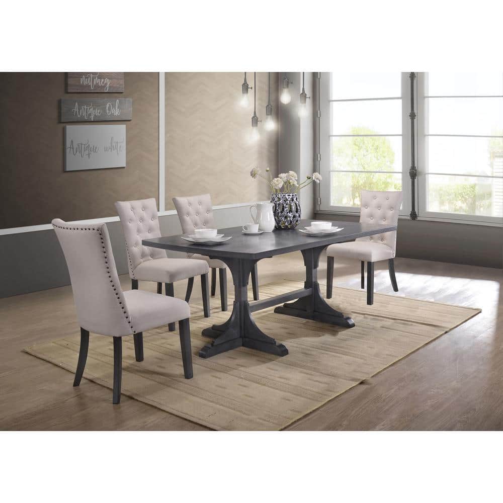 Weathered Gray 5-Piece Dining Set with Beige Linen Chairs