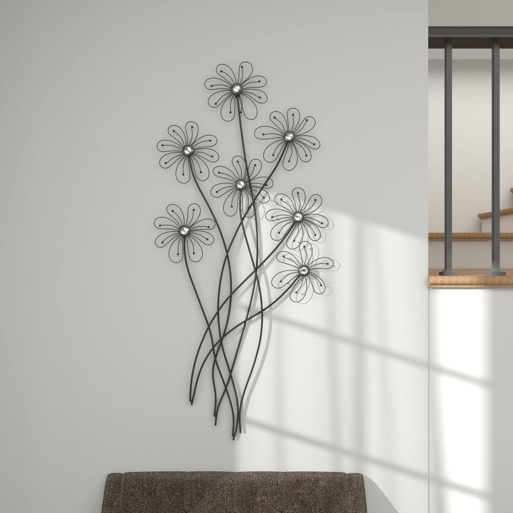 Black Metal 3D Wire Floral Wall Sculpture with Crystal Embellishments