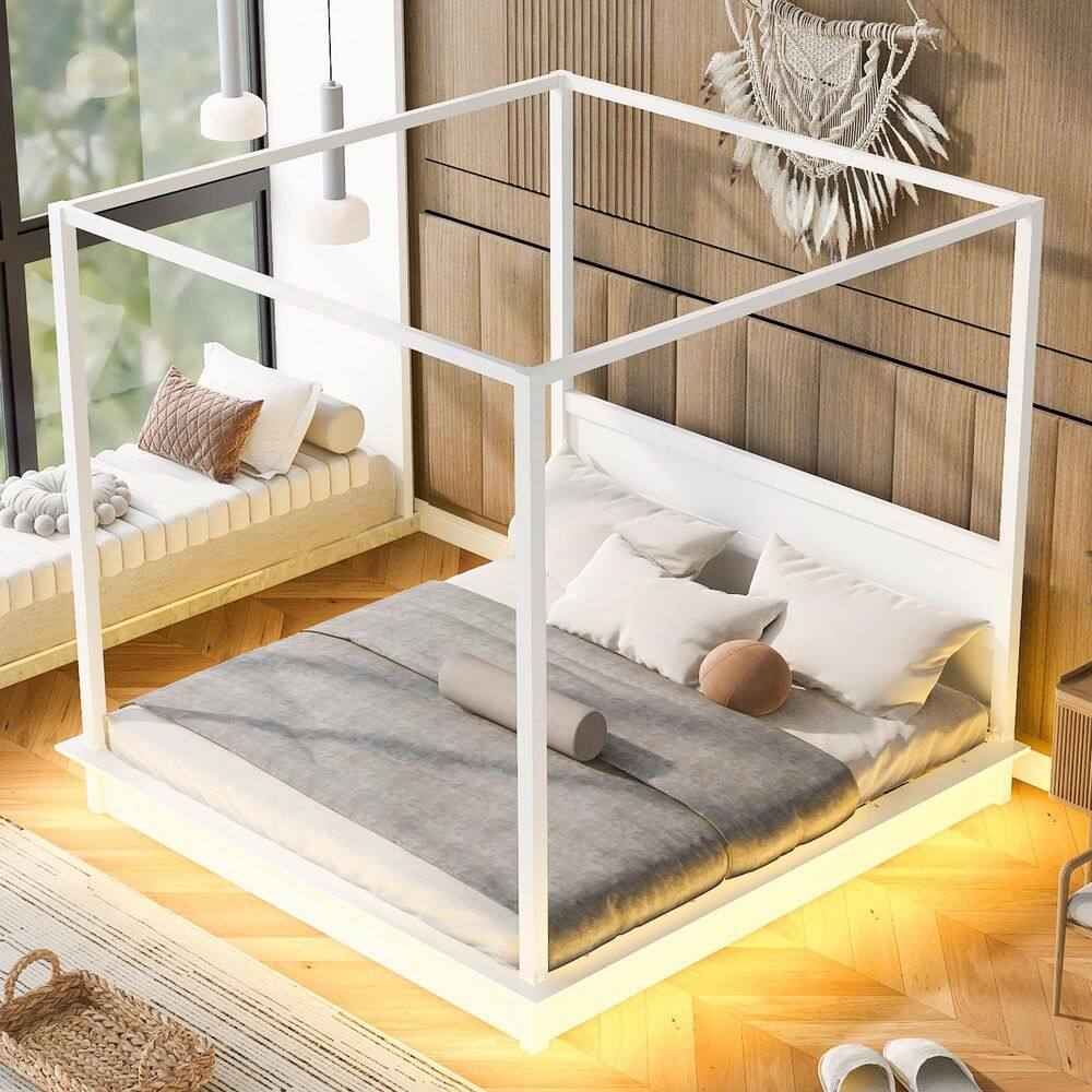 Just White Wood Frame King Size Canopy Bed with LED, Support Slats